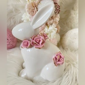 White Bunny Rabbit with Pink & Gold Roses